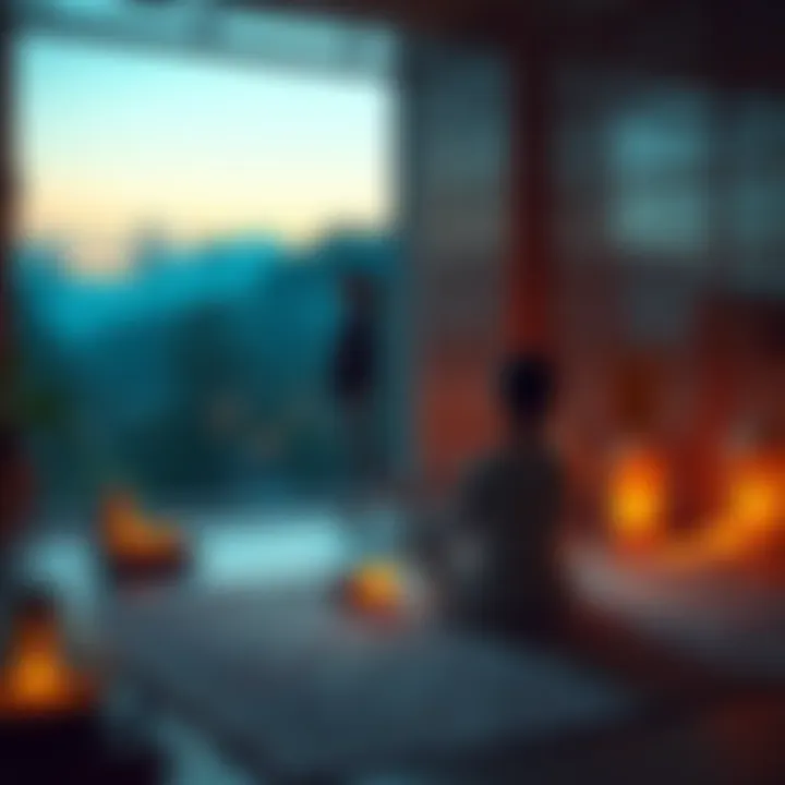 A peaceful scene showing a person practicing morning meditation and nighttime relaxation techniques influenced by Traditional Chinese Medicine, with natural elements around them