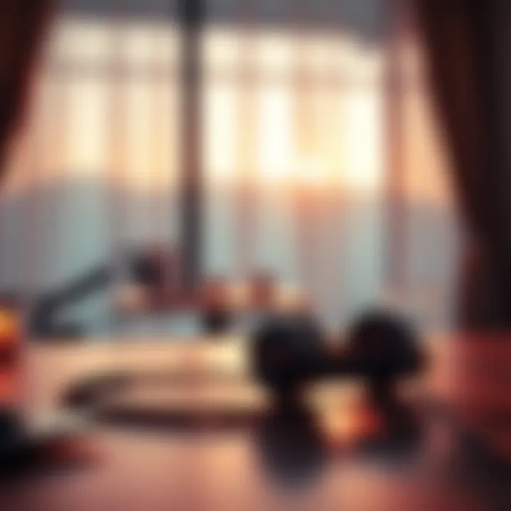 A serene morning scene with soft light and headphones on a table, suggesting a calm music experience.