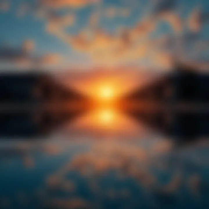 A sunrise with distorted reflections in water, symbolizing flipped perceptions of reality.