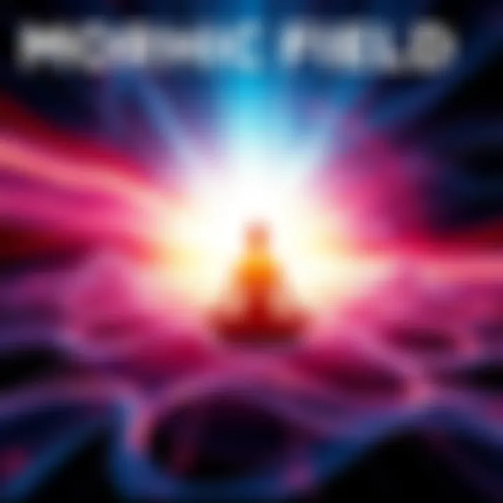 A visual representation of morphic fields with vibrant energy patterns and waves surrounding a person in a meditative pose, symbolizing subliminal experiences.