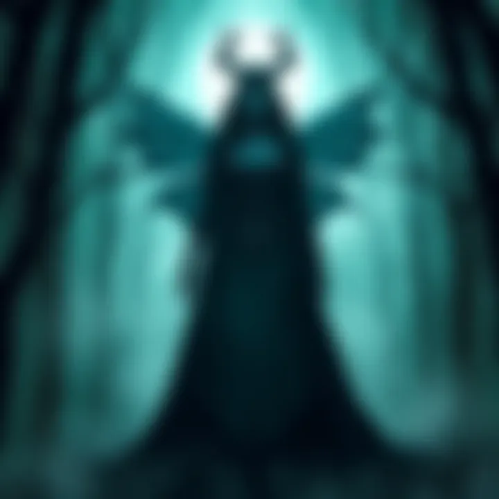 A dark figure representing the Morrigan stands amidst a misty forest, symbolizing divine attention and ancestral ties, with a shadowy aura around her.