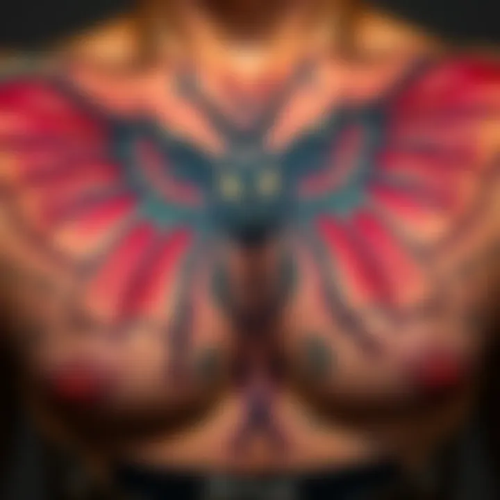 Close-up of Morty's tattoo featuring a detailed Mothman design with wings and glowing eyes