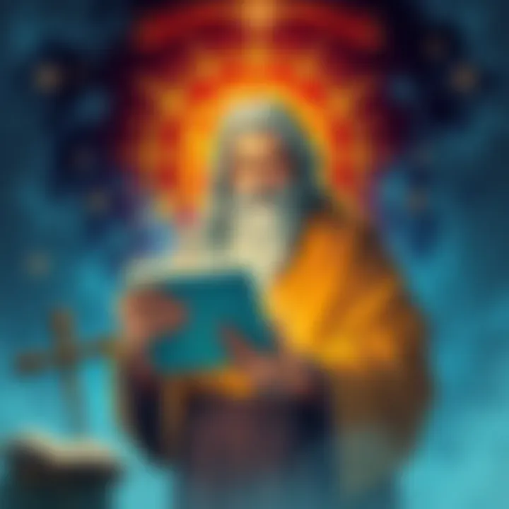 An illustration showing Moses holding a tablet, surrounded by Rosicrucian symbols and ancient texts, depicting a blend of spirituality and wisdom.