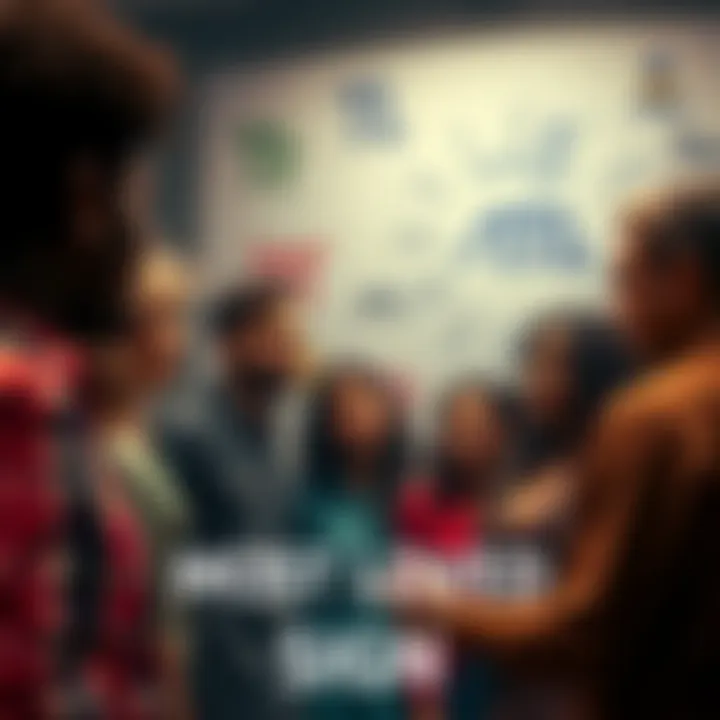 A group of diverse people discussing their favorite zodiac signs with charts and symbols in the background.