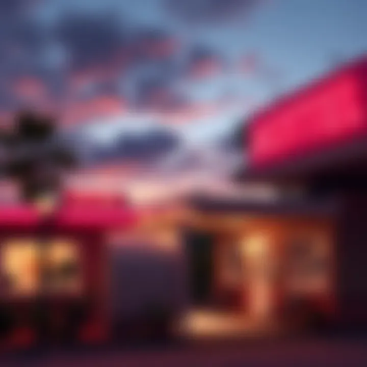 A cozy motel with neon lights glowing at dusk, showcasing a welcoming atmosphere for travelers.