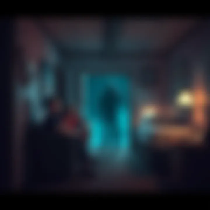 A dark motel room where three friends sit, looking concerned while a phone rings silently. A shadowy figure resembling Jerma is faintly seen in the background, creating a tense atmosphere.