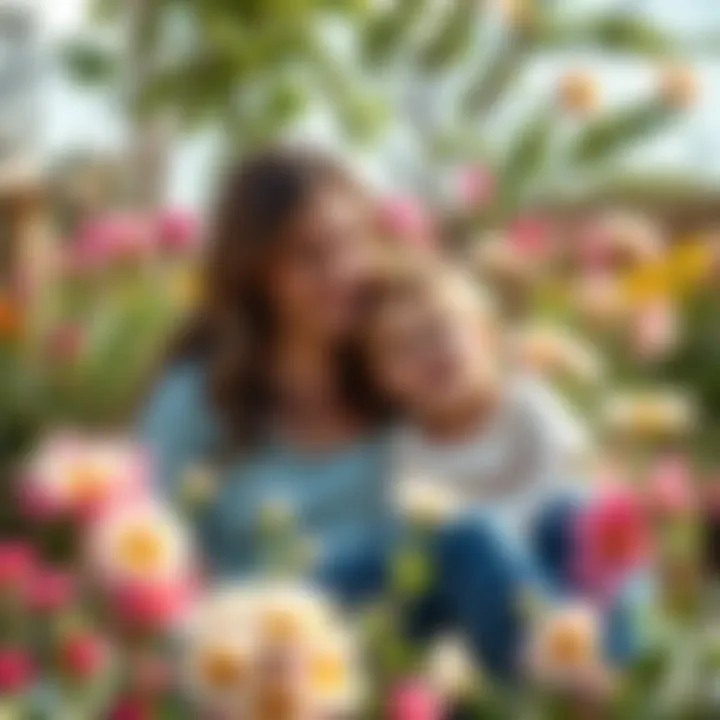 A mother and her child sitting together, smiling and enjoying a sunny day, surrounded by flowers, representing Mother's Day and astrology.