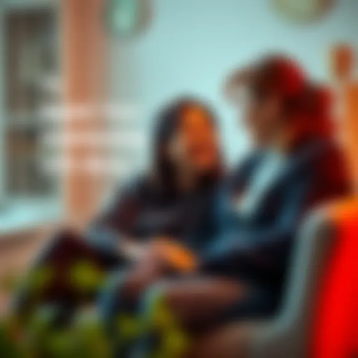 Mother and child having a heart-to-heart conversation A mother and her adult child sitting together, talking and smiling, showing a warm connection