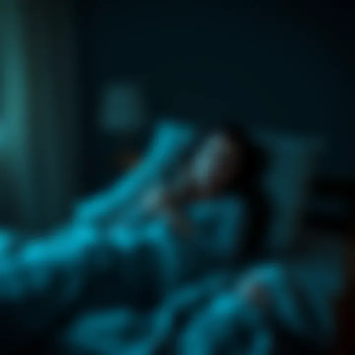 A mother lying awake in bed, looking frightened as shadows loom around her, with a faint glimpse of a baby in a crib nearby.