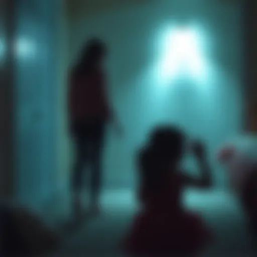 A shadowy figure appears in the background while a mother films her daughter playing