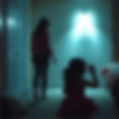 Mother filming daughter at play A shadowy figure appears in the background while a mother films her daughter playing