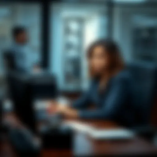 A mother sitting at her desk in an office, looking frustrated and overwhelmed by her work, reflecting her struggles.