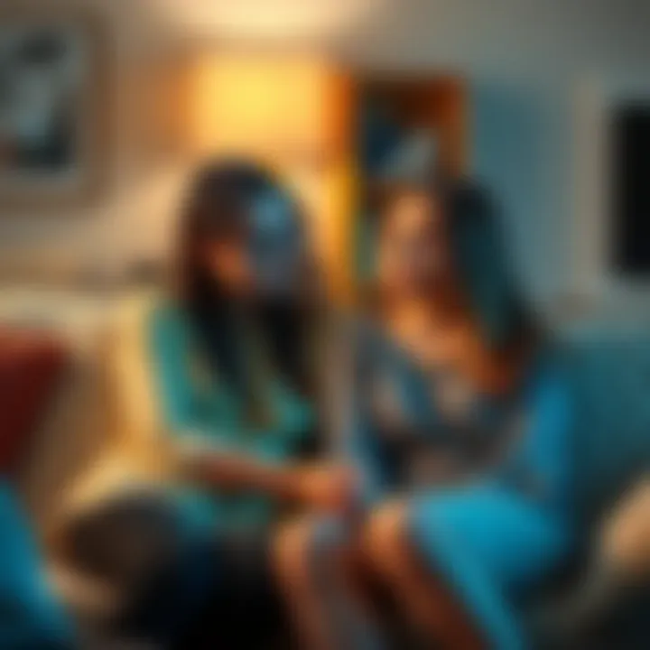 A mother and her 16-year-old daughter sitting on a couch, having a serious conversation about their feelings.