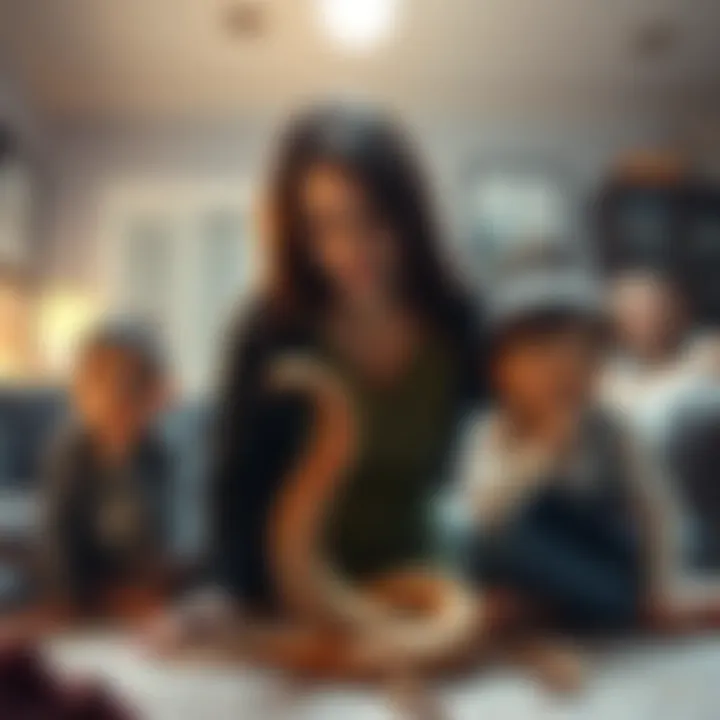 A mother is depicted in a surreal setting, her body starting to transform into a worm, as her children watch with concern and confusion. The background shows a chaotic home environment, symbolizing th...