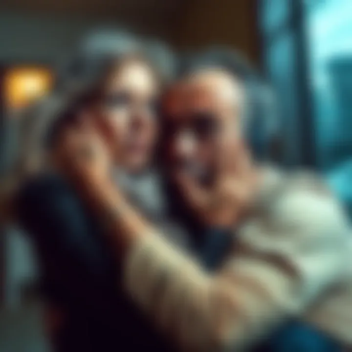 A shocked woman looks on as her ex-boyfriend embraces his mother, both showing signs of betrayal and hurt.