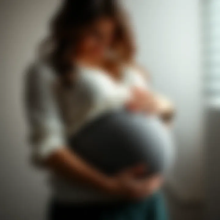 A 29-year-old mother gently cradles her baby bump, looking hopeful and reflective about her journey towards having a rainbow baby after a loss.