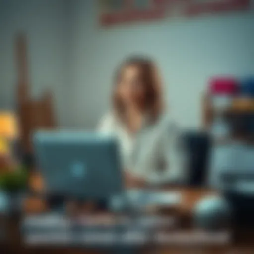 A woman in her 30s sitting at a desk with a laptop, looking thoughtful while surrounded by family items, symbolizing the challenge of balancing career and motherhood.