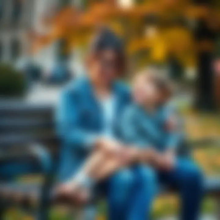 A mother sitting on a park bench with her child, sharing a moment of laughter and joy, showing the bond of friendship and love between them.