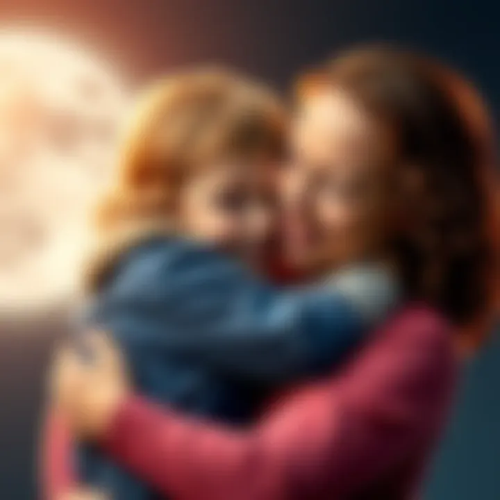 A Scorpio child shares a warm hug with their mother, symbolizing affection and emotional connection, set against a moonlit background.