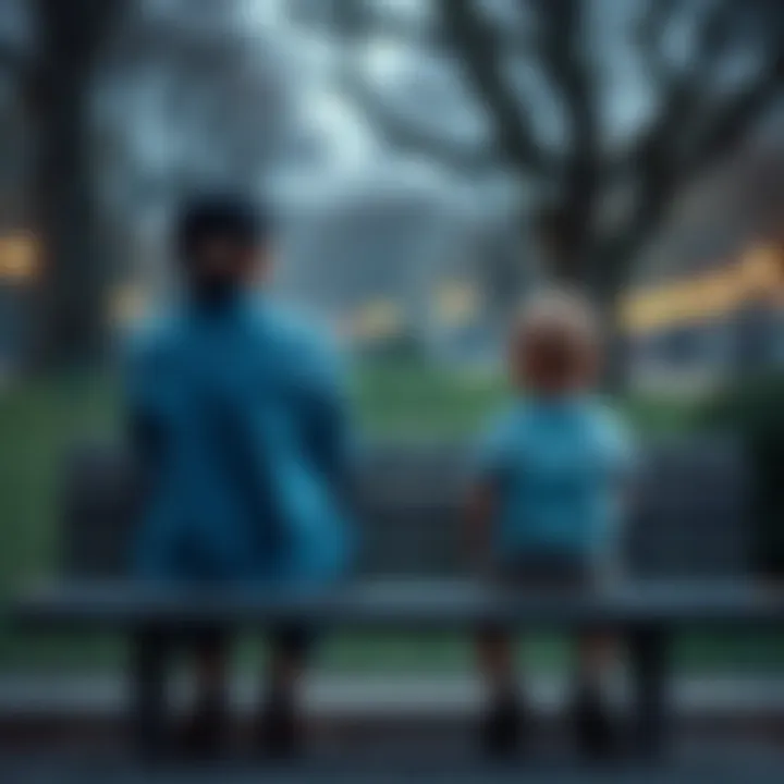 Mother and child sitting apart A mother and child sitting on a park bench, looking distant from each other, symbolizing a strained relationship.