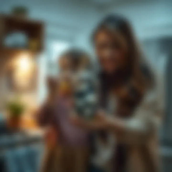 Mother and child find a hidden bottle A mother and her child holding a curious bottle filled with unusual items like styrofoam and charcoal during a kitchen renovation