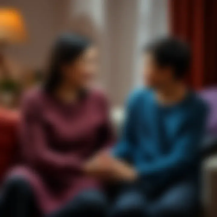 A mother and her child sitting together, holding hands with warm smiles, symbolizing support and understanding in a challenging relationship.