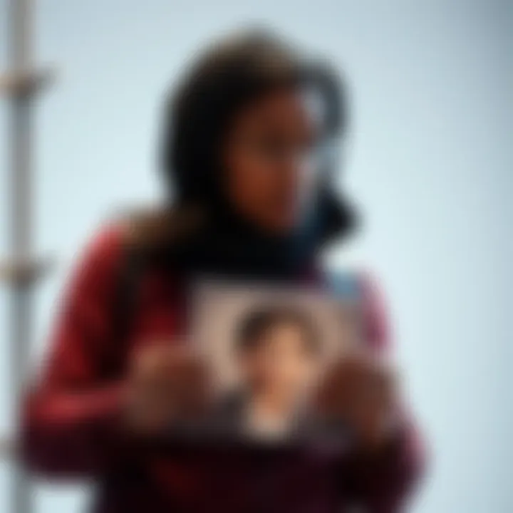 A mother holding her child's photo, looking hopeful Mother gazing at her child's photo, expressing determination and love