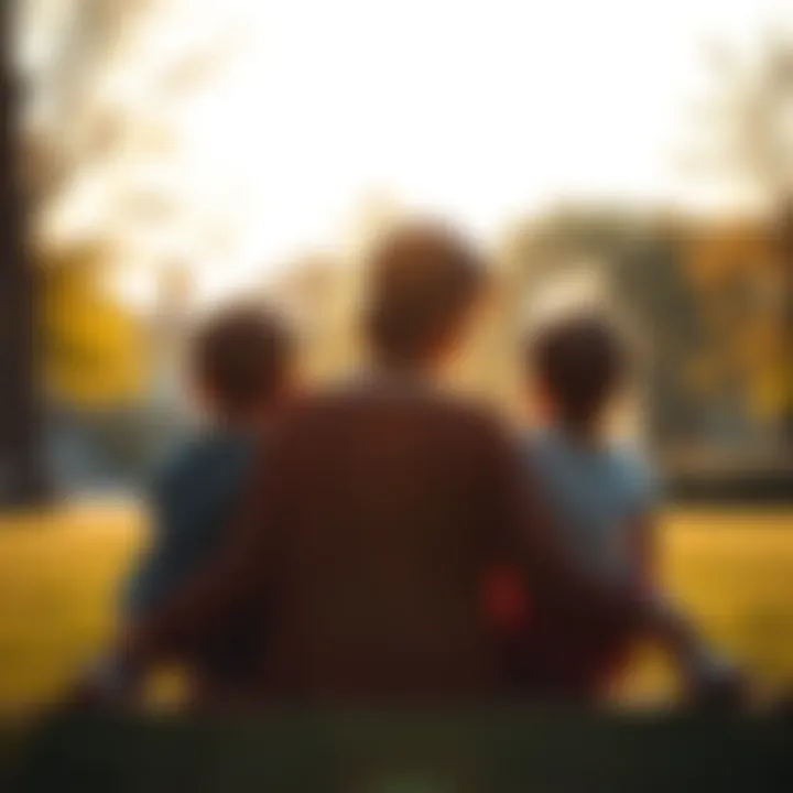 A mother sitting peacefully with her two children in a sunlit park, symbolizing support and healing after facing psychological abuse.