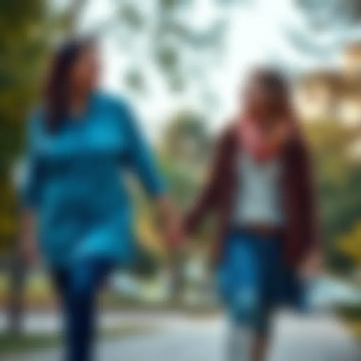 A mother and daughter walking together, holding hands in a park, smiling and enjoying each other's company.