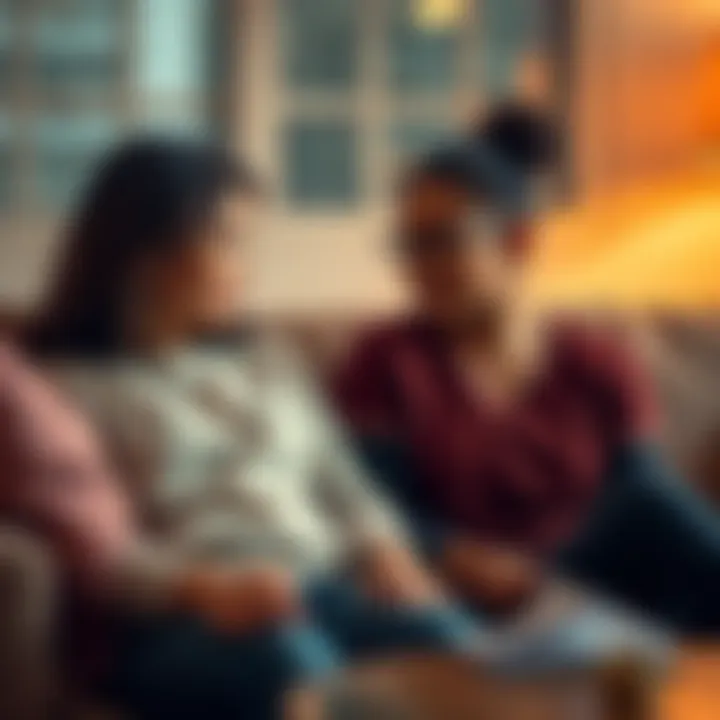 Mother and daughter sharing a moment A woman and a young girl sit together on a sofa, discussing their feelings and emotions. They appear to be having a serious yet caring conversation.
