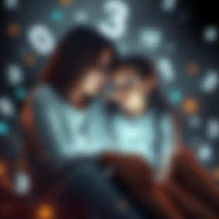A mother and daughter sitting together, looking at each other with curiosity, surrounded by symbols of numbers and light, indicating their psychic connection.