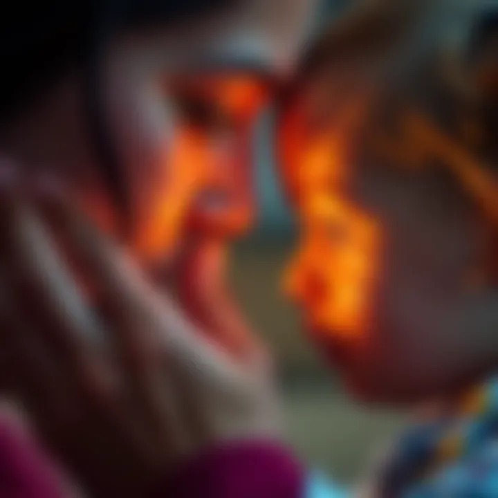 A close-up of a mother gently touching her daughter's forehead where a stork mark is visible, with a soft light illuminating their faces, depicting a moment of reflection
