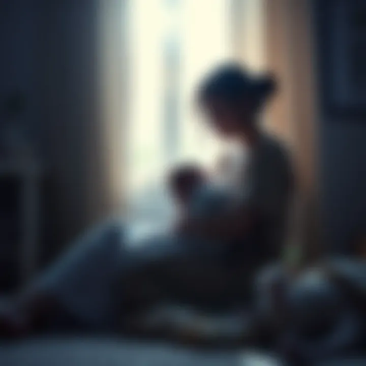 A mother sits in a dimly lit room, gently feeding her baby while experiencing a strange sensation, as if being pulled into another realm.