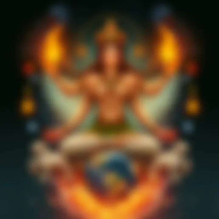 A representation of a Mother Goddess figure surrounded by symbols of earth and water, embodying nature and fertility.
