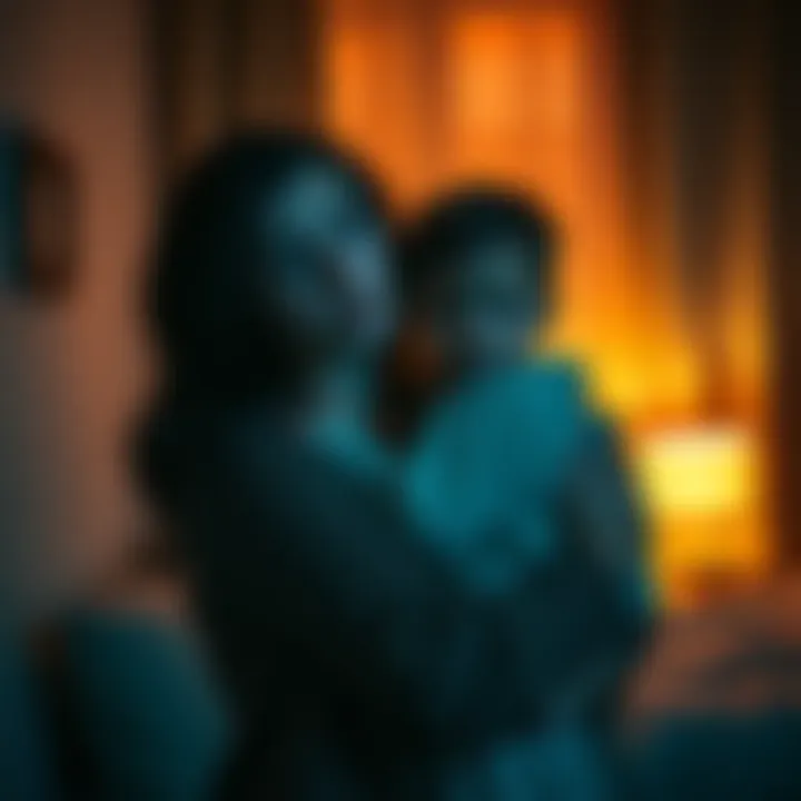 A mother holding her children close while looking sad in a dimly lit room, reflecting her grief after her mother's death and feeling isolated.