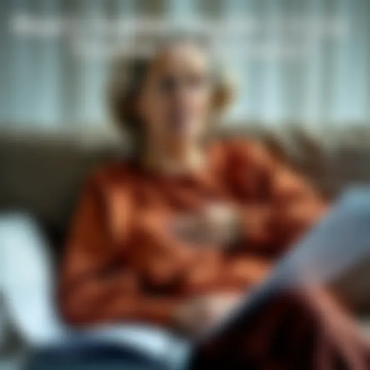 A concerned mother in her 60s sitting on a couch, looking thoughtful and holding her chest, with a medical chart beside her.
