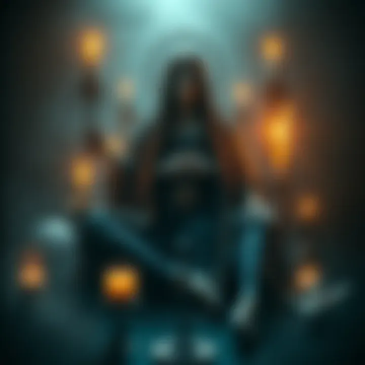 A representation of Mother Hekate surrounded by symbols of personal growth, like a candle and a mirror, emphasizing traits she cannot tolerate.