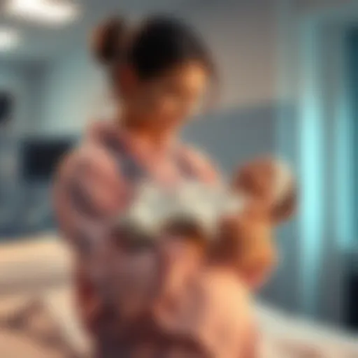 A mother lovingly holds her newborn baby in a hospital room, showing a mix of joy and worry on her face, surrounded by soft lighting and warm colors.