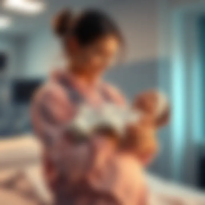 A mother lovingly holds her newborn baby in a hospital room, showing a mix of joy and worry on her face, surrounded by soft lighting and warm colors.