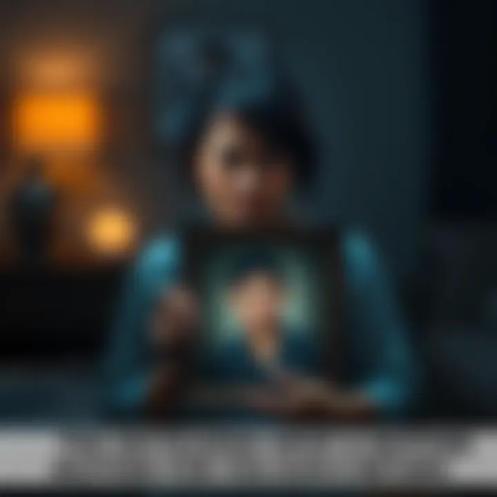 A mother stands in a dimly lit room, holding a framed photo of her son, with tears in her eyes and a determined expression on her face.