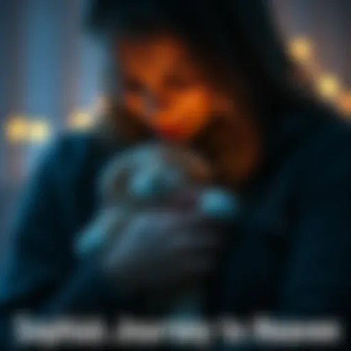 A grieving mother holds a small stuffed animal close to her chest, with tears in her eyes and a soft glow of light around her, symbolizing love and loss.