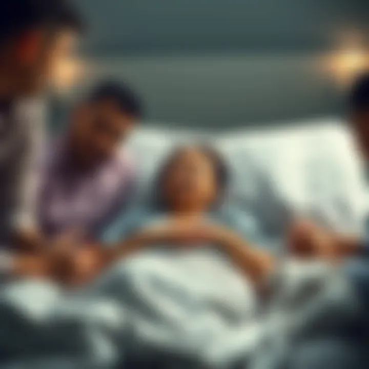 A mother lying in a hospital bed surrounded by family members, looking weak but hopeful as they hold her hands. A comforting atmosphere filled with concern and love.