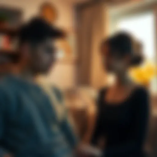 A young man looks frustrated as his mother speaks, while his girlfriend appears concerned. The setting is a cozy living room, highlighting the tension between them.