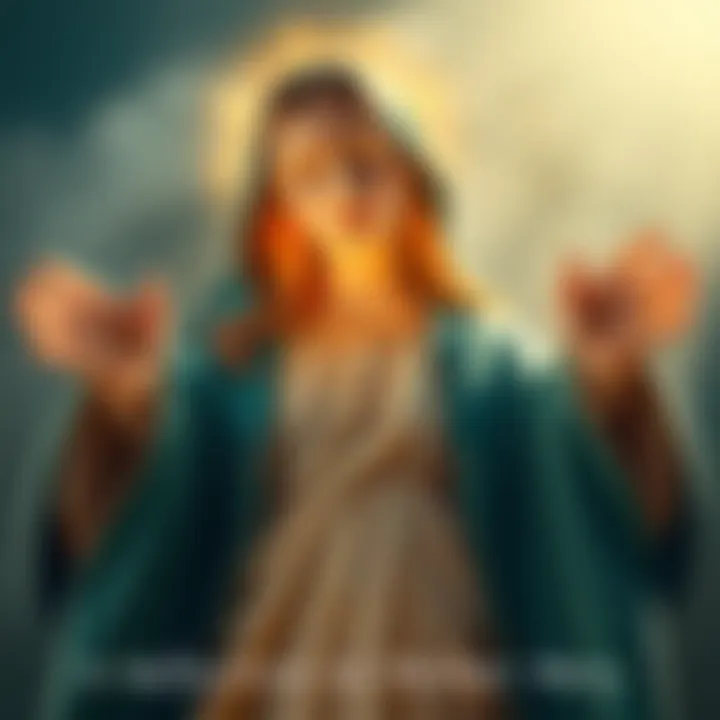 A serene image of Mother Mary with open arms, symbolizing acceptance and love, surrounded by soft light.