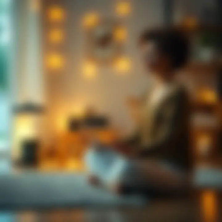 Mother meditating in a serene space A grieving mother sits cross-legged on the floor, surrounded by soft lights and calming decorations, meditating as she seeks connection with her late son.