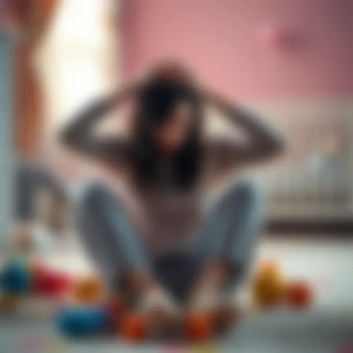 A tired mother sitting alone on a nursery floor, surrounded by toys, looking contemplative as she holds her head in her hands, symbolizing feelings of burnout and identity loss in motherhood.