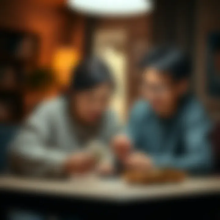 A mother watches her son draw cards during a game, showing surprise as he predicts the outcome, surrounded by a cozy living room with warm lighting.