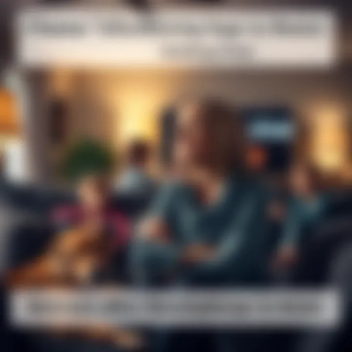 A mother sitting on a couch with a worried expression, surrounded by her children and a restless dog, in a dimly lit living room after a sage cleansing.