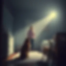 A mother stands in her late son's dimly lit room, accompanied by two dogs, one barking at a shadow. The atmosphere feels heavy and emotional, hinting at a past presence.