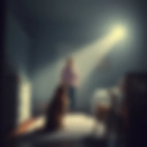 A mother stands in her late son's dimly lit room, accompanied by two dogs, one barking at a shadow. The atmosphere feels heavy and emotional, hinting at a past presence.